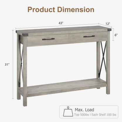 IDEALHOUSE Console Table with 2 Drawers, Farmhouse Entryway Table with Storage Shelf, Accent Wood Sofa Table for Living Room, Hallway, Foyer-Grey (WCT001)