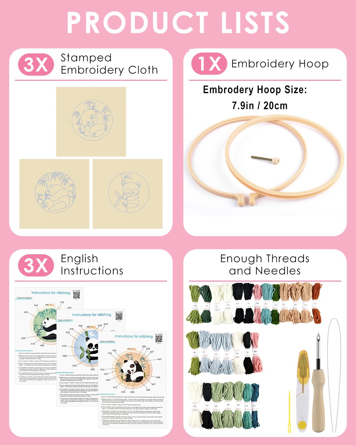 TINDTOP 3 Sets Punch Needle Kits, Panda Punch Embroidery Kits for Adults Beginner, Tool with Punch Needle Fabric, Hoops, Yarns and Sewing Needles