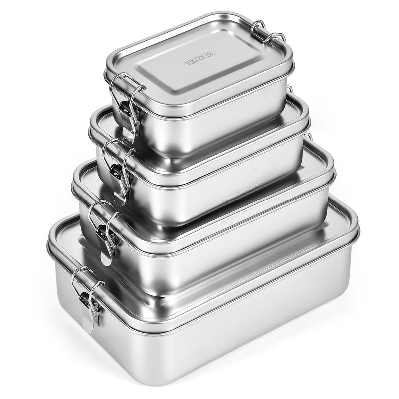 VIKCOLEE 4 PCS Stainless Steel Bento Box 4-Size, Metal Lunch Box, Food Containers, Lunch Container for Home, Work, Camping (550ml+850ml+1400ml+2400ml)