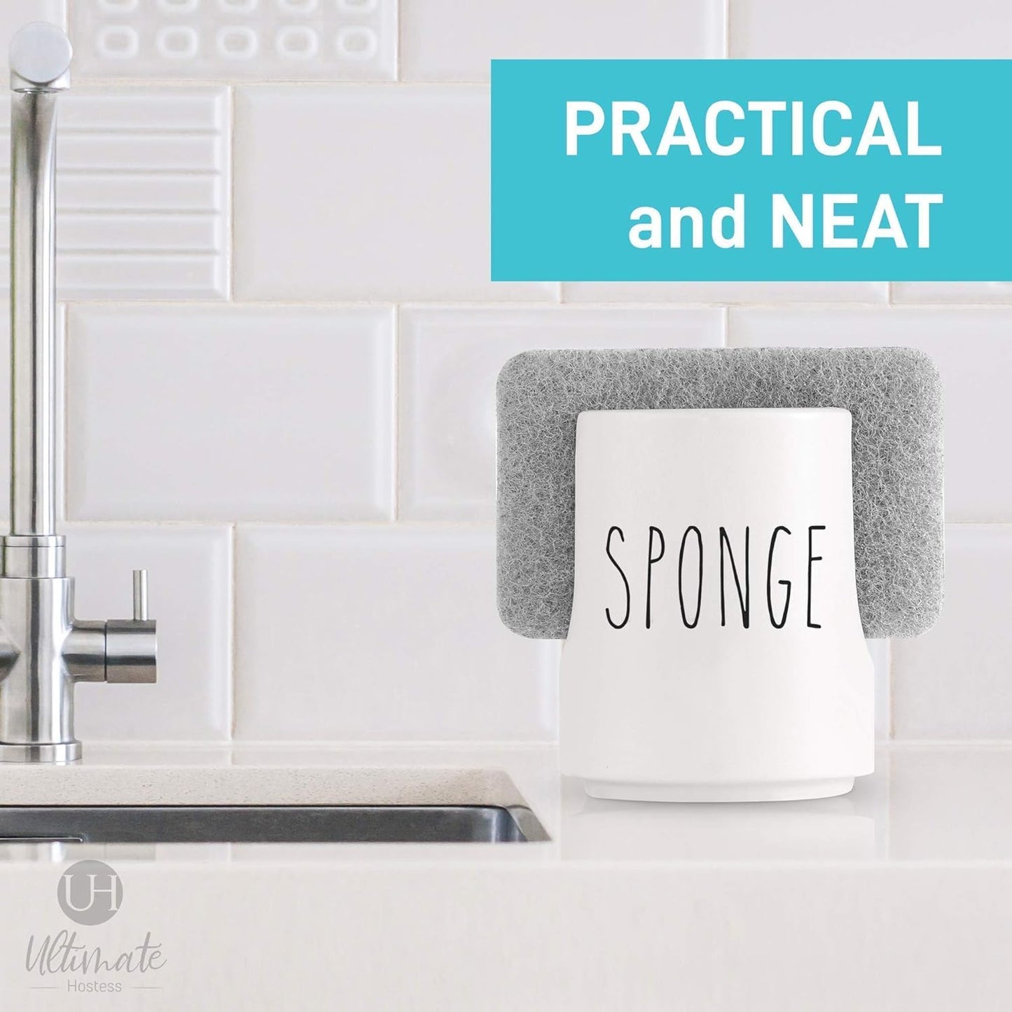 White Ceramic Sponge Holder for Kitchen Sink – Cute Farmhouse Sink Caddy Organizer – Sponge Rest for Countertop