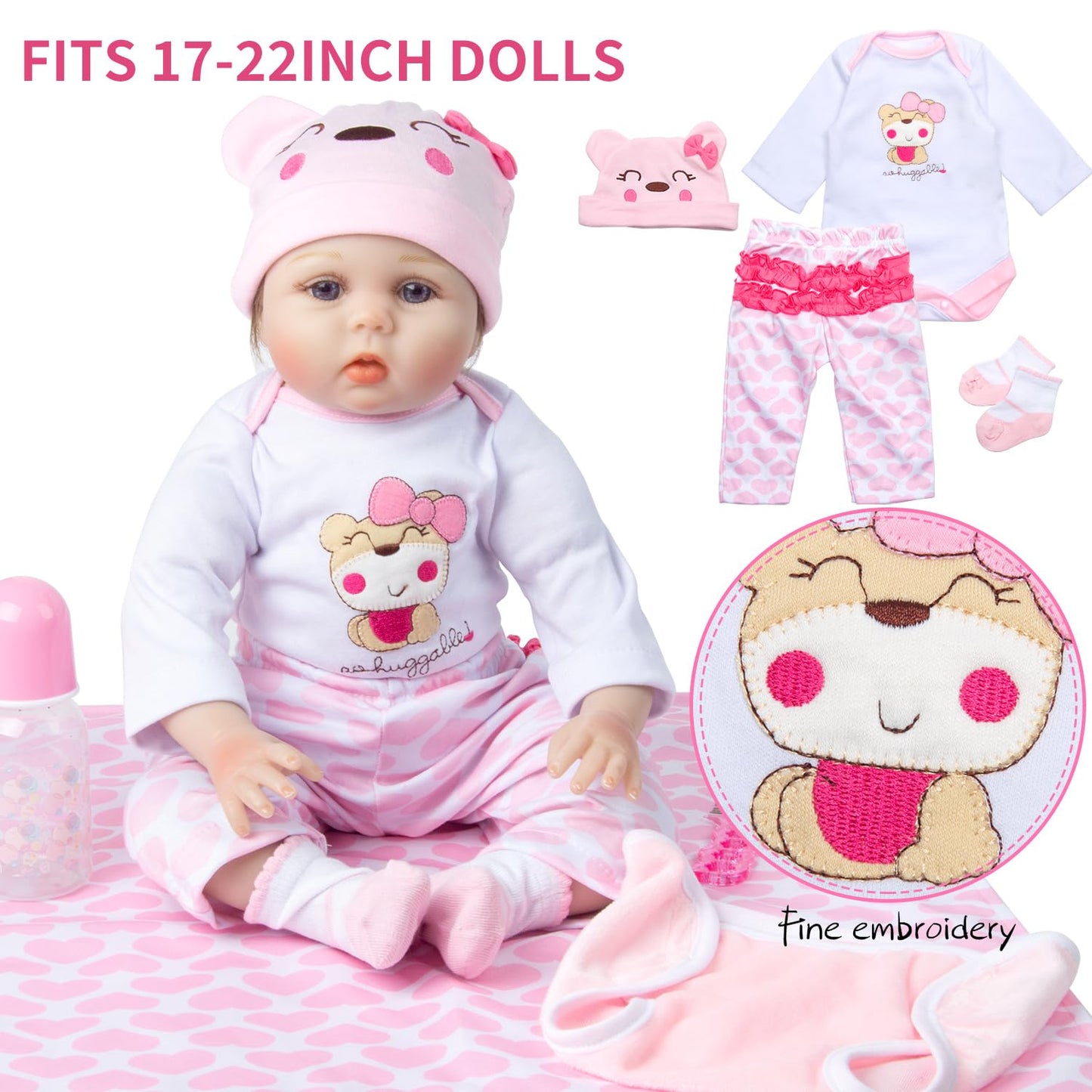9 PCS Reborn Baby Doll Clothes Set with Pink Bassinet Accessories for 18-22 Inch Reborn Dolls,Newborn Baby Doll Clothes & Blanket