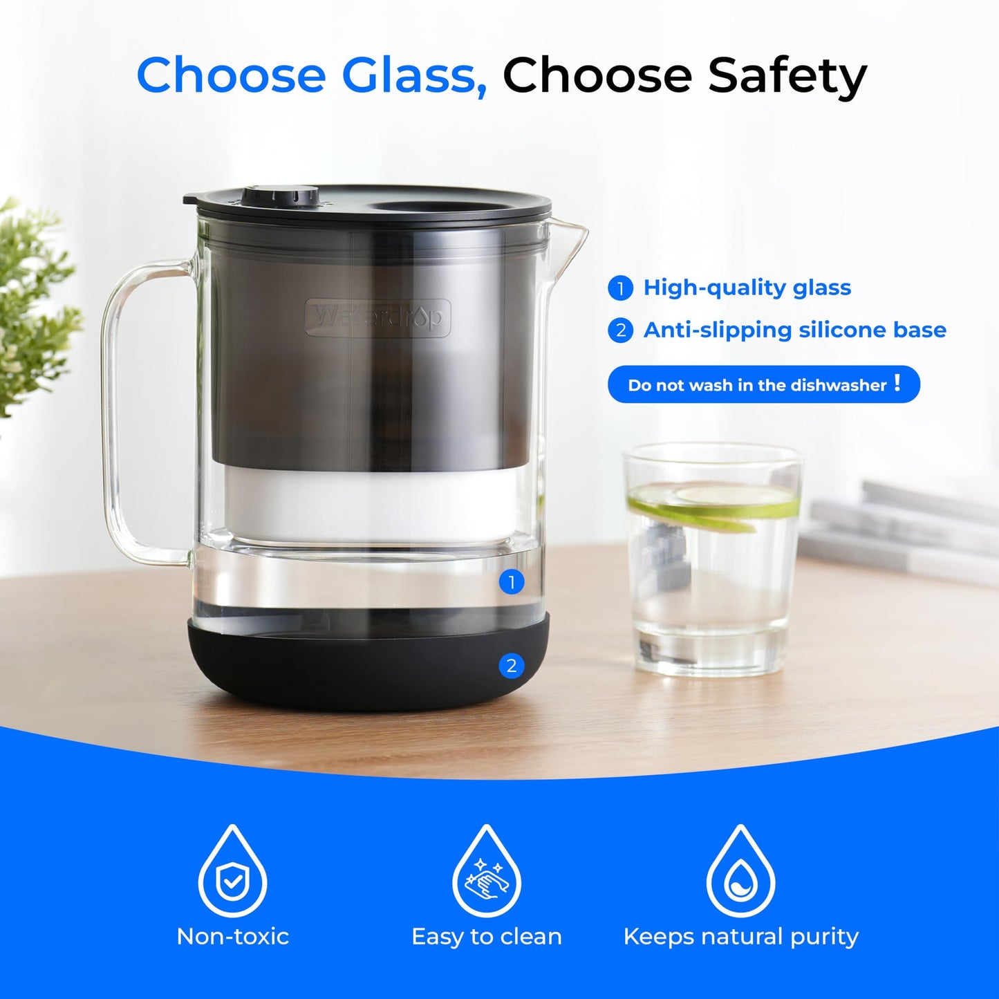 Waterdrop PT-72BL Glass Water Filter Pitcher, 7-Cup, Eco-Friendly, NSF/ANSI 53, 42 & 372 Certified Filter, Reduces PFOA/PFOS, Chlorine, Cadmium, Copper & Mercury, BPA-Free, Easy to Clean, Black