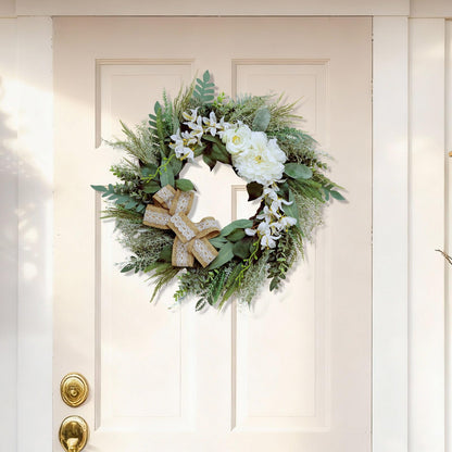 Petalivebioom 22 Inch Lace Bow Eucalyptus Front Door Wreath, Artificial Elegant Greenery Wreath, Weather Resistant Farmhouse Outdoor Indoor Porch Wall Wedding Home Decor