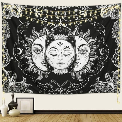 ARFBEAR Sun and Moon Tapestry, Burning Sun with Stars, Black and White Psychedelic Wall Hanging (59 x 59 in)