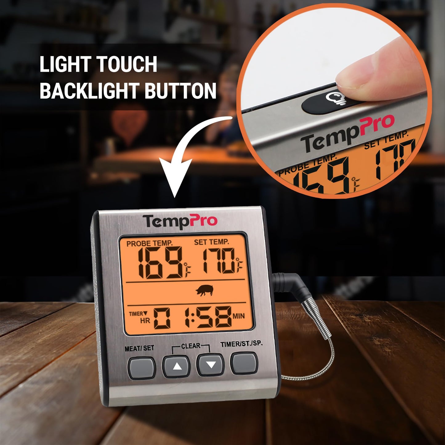 TempPro Digital Meat Thermometer for Cooking and Grilling, BBQ Food Thermometer with Backlight and Kitchen Timer, Grill Temperature Probe Thermometer for Smoker, Oven, Baking,Oil(Previously ThermoPro)