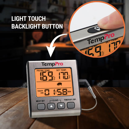 TempPro Digital Meat Thermometer for Cooking and Grilling, BBQ Food Thermometer with Backlight and Kitchen Timer, Grill Temperature Probe Thermometer for Smoker, Oven, Baking,Oil(Previously ThermoPro)