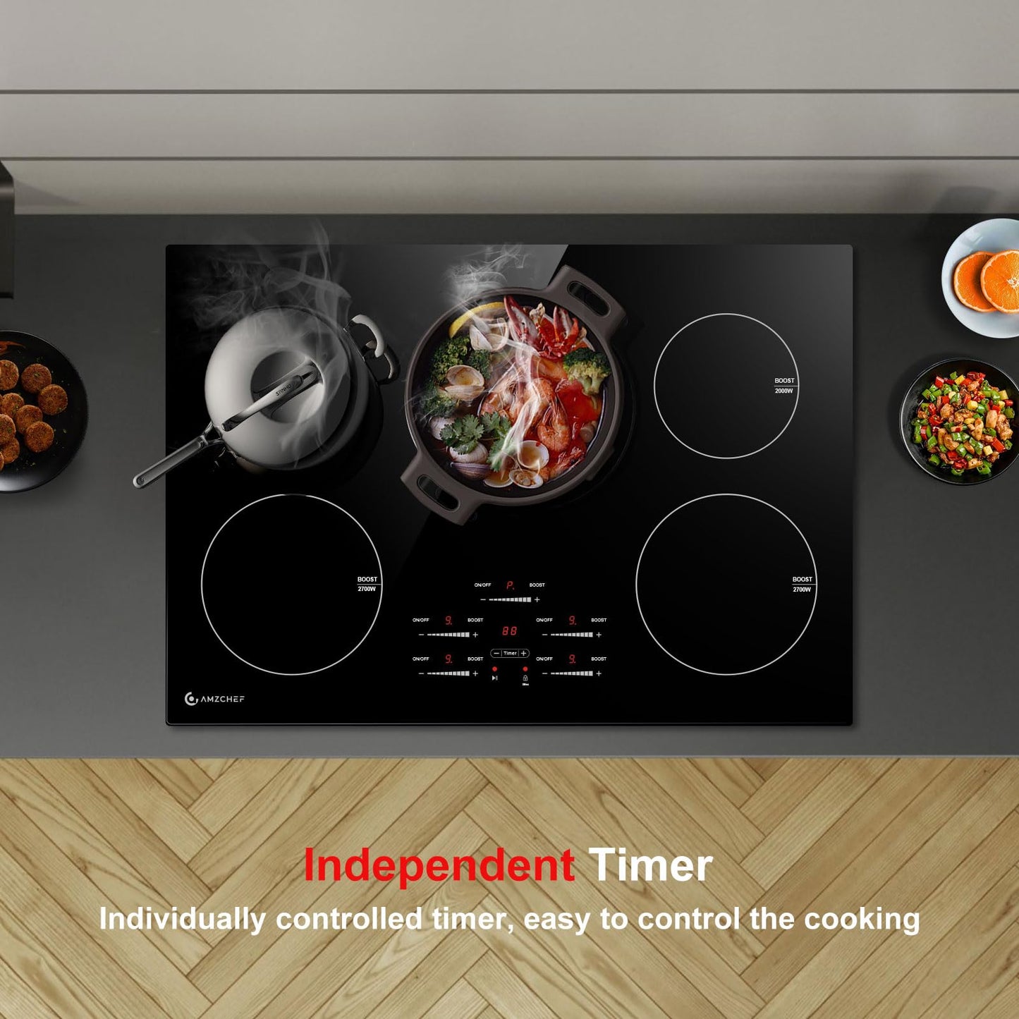 AMZCHEF 30 Inch 10600W Induction Cooktop With 5 BOOST Burners, 9 Levels Electric, Built-in Control by Slide Touchscreen, Child Safety Lock, Independent Timer, No Plug, 240V