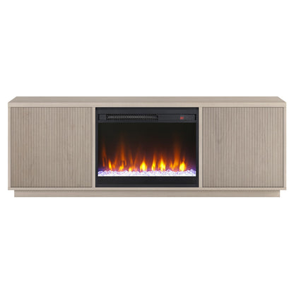 Henn&Hart Fluted TV Stand for TVs up to 75" with 26" Electric Crystal Rocks Fireplace and Ribbed Side Storage Cabinets for Living Room, Family Room, or Office, Beech White
