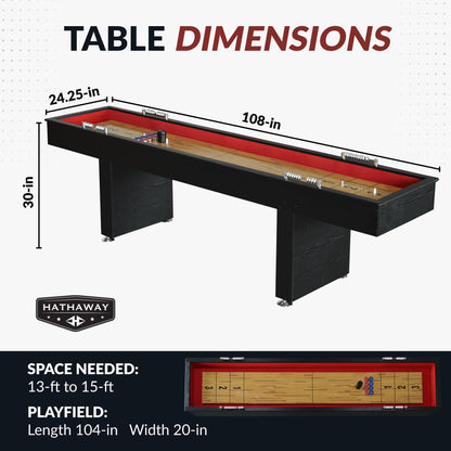 Hathaway Avenger 9 Ft Shuffleboard Table for Family Game Room – Poly-Coated Playfield, Built-in Scorer & Cabinet, Carpeted Gutters, 8 Pucks, Brush & Wax – Black Finish