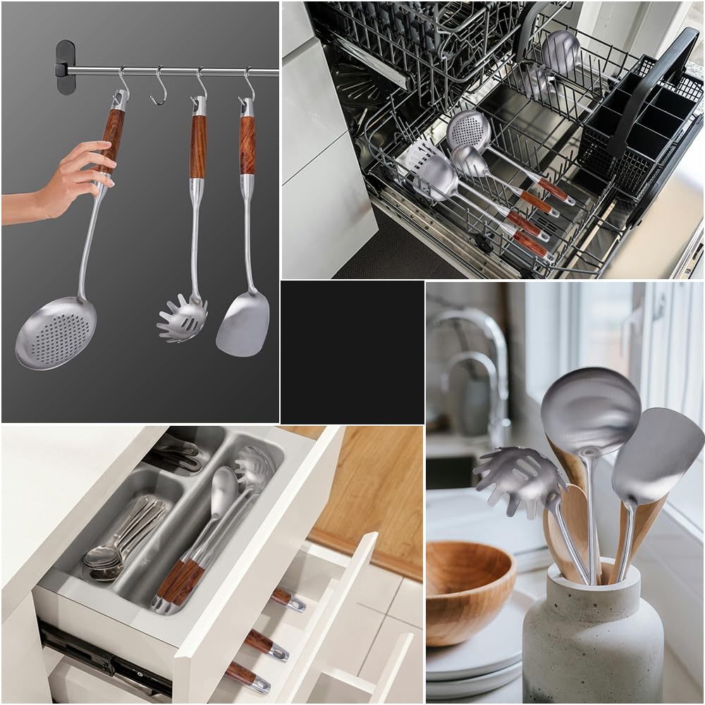 VALESKA Kitchen Utensils Set with Wood Handle, 6 Pieces Stainless Steel Utensils Set, Metal Cooking Utensils Set, Non-Stick and Heat Resistant