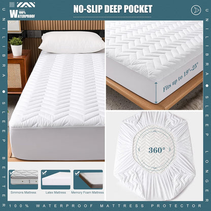 Skiennix Queen Size Waterproof Mattress Protector - Quilted, Breathable & Ultra-Soft | Fits 6''-25'' Mattresses - White