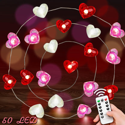 16.4FT 50 8 btfarm LED Valentine's Day Lights with Remote Timer, Red Pink White Heart Shaped Fairy String Lights