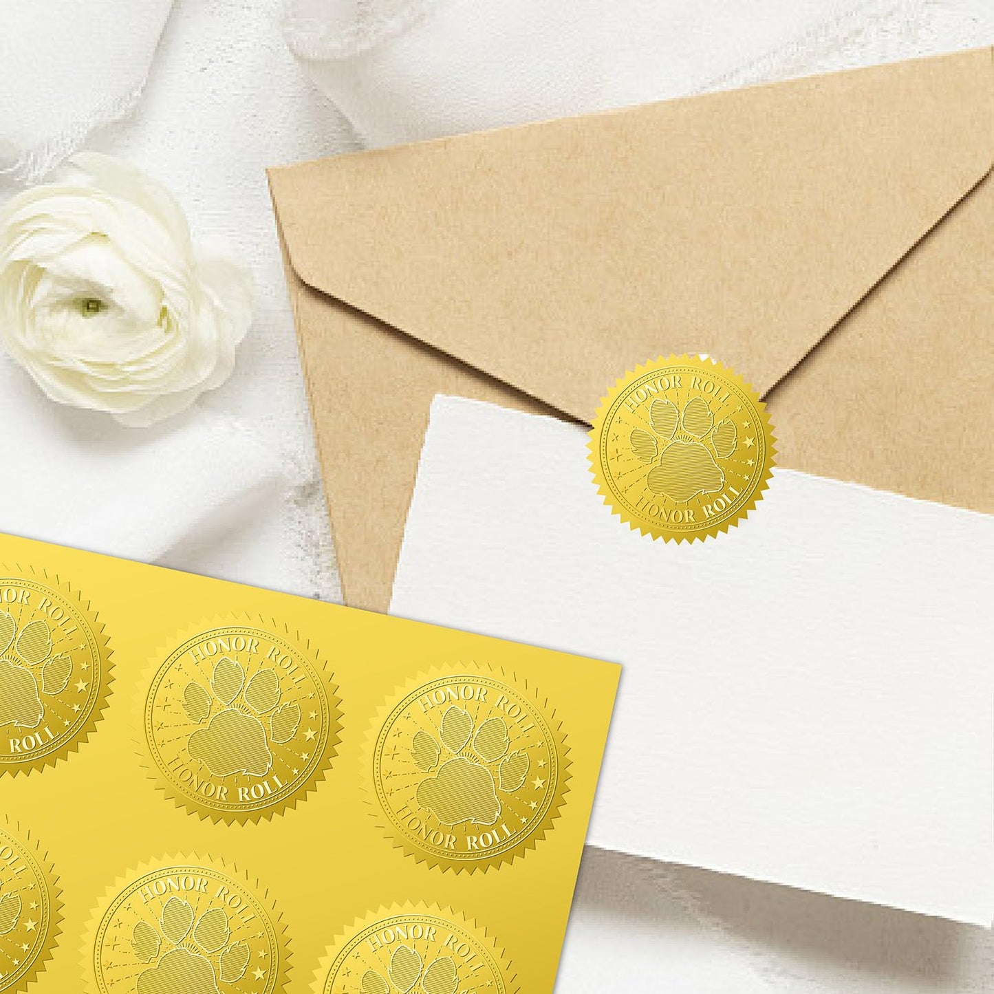 CRASPIRE 408Pcs Dog Paw Print Gold Foil Embossed Stickers 2" Honor Roll Self Adhesive Envelopes Seals Round Labels for Wedding Invitation Graduation Corporate Certificates Diplomas Gift Wrapping Decor