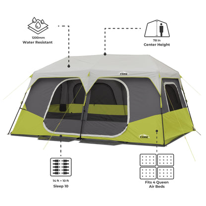 CORE 10 Person Instant Cabin Tent | Large Multi Room Family Pop Up Tent for 2 Minute Camp Setup | Included Storage Pockets for Camping Accessories