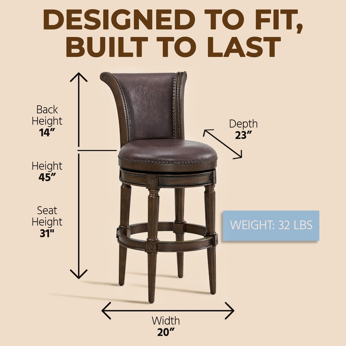 ROME + OAK Runyan 31" Swivel Bar Stool, High Back Barstool in Dark Walnut Finish with Vintage Brown Vegan Leather Seat