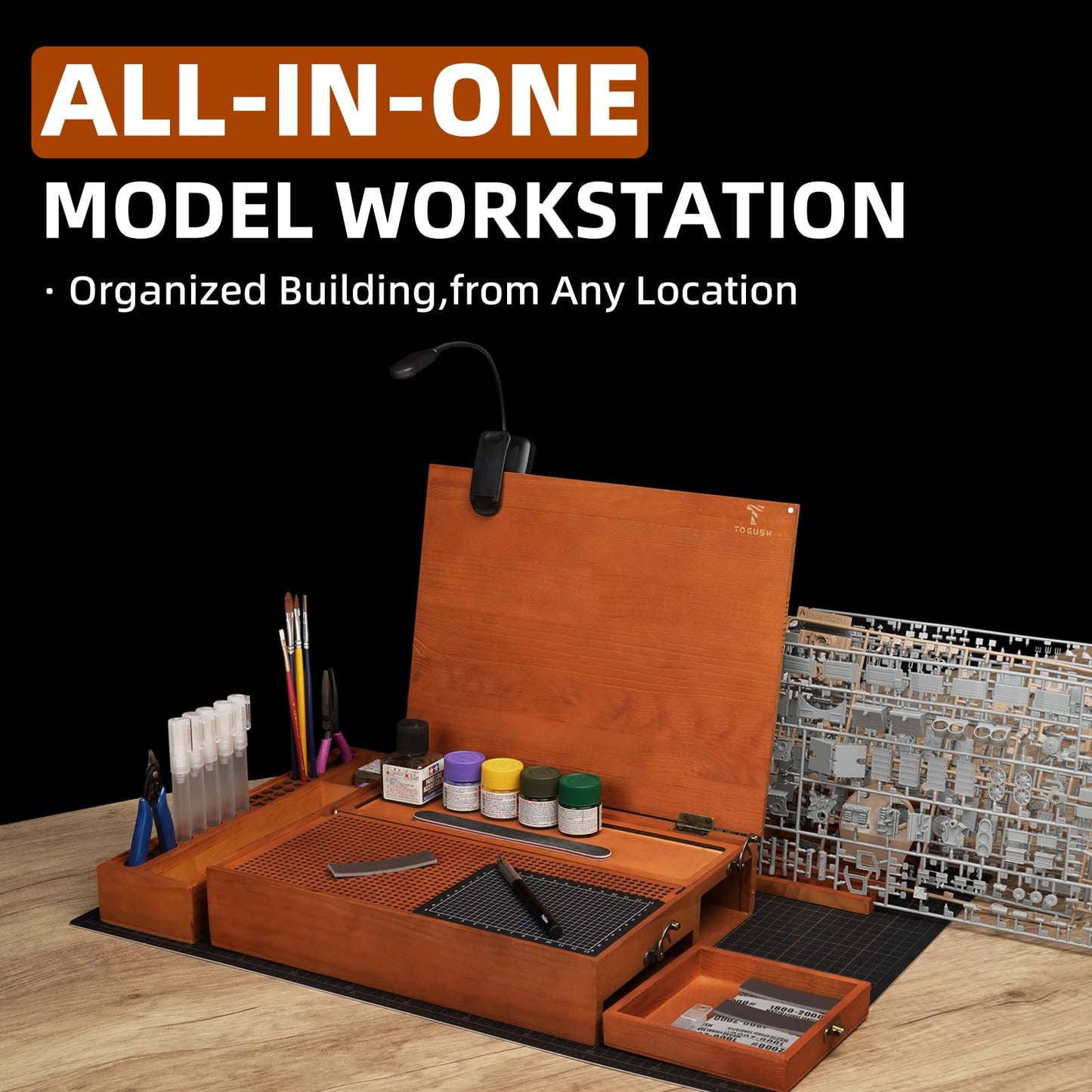 T TOGUSH Model Building Station, Portable Model Building Workbench with Light & Cutting Mat Model Kit Tool Storage for Model and Miniatures, Folding Worktable Model Pieces Shelves