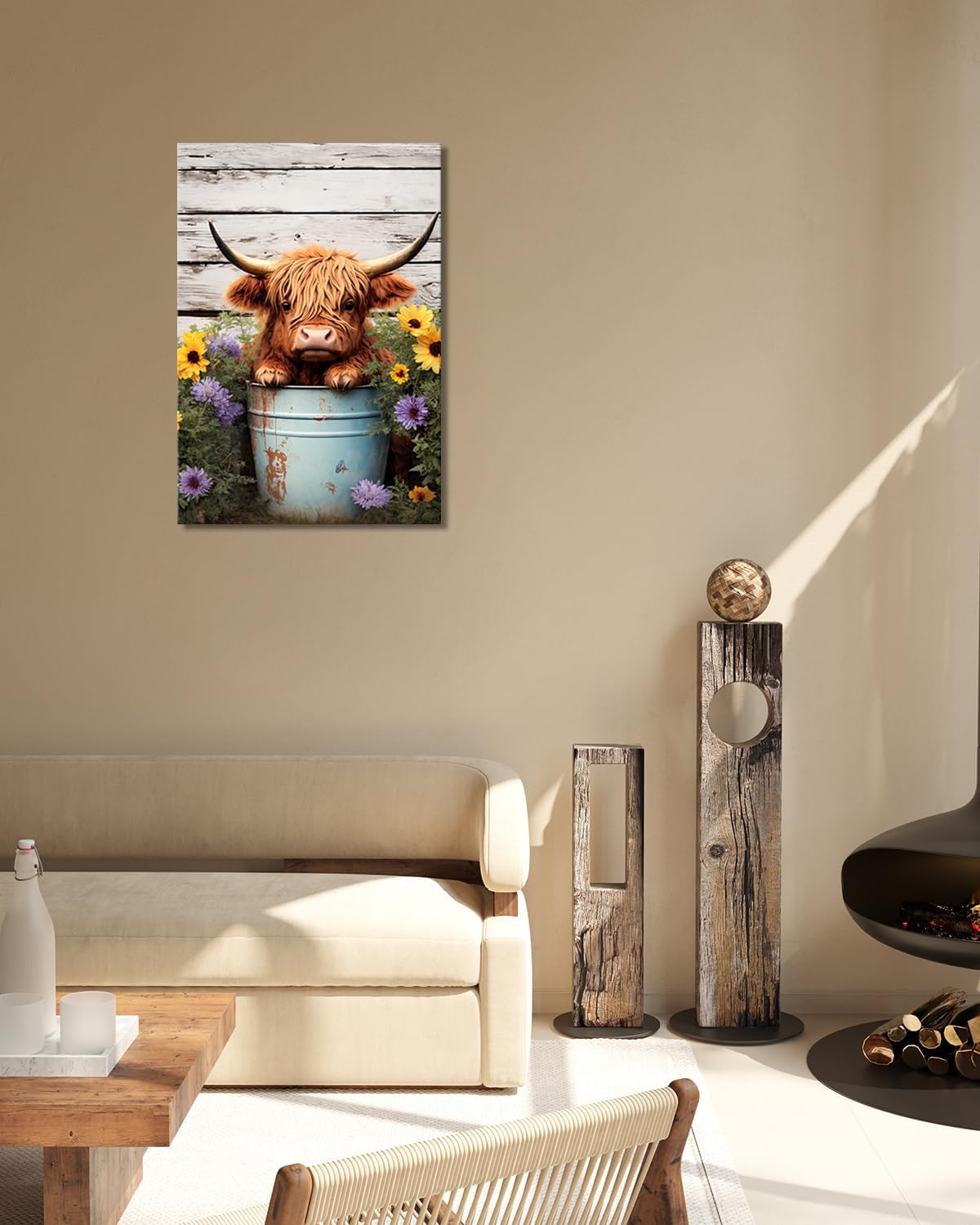Cute Highland Cow Baby in Bucket Canvas Wall Art, Funny Animal Bathroom Decor, Farmhouse Cow Picture with Colorful