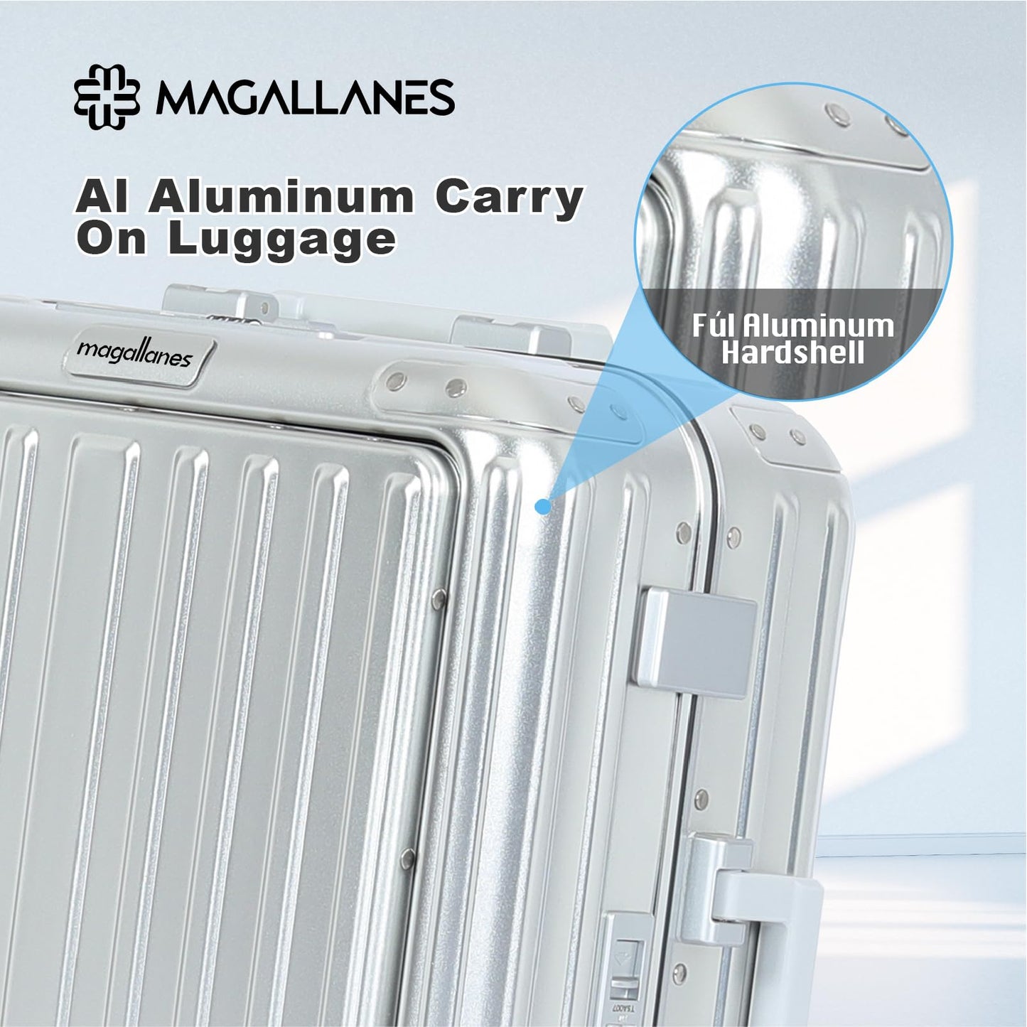 Magallanes 20 Inch All Aluminum Carry On Luggage with Front Laptop Pocket - Zipperless Hard Shell Suitcase for Business Travel, TSA Approved, Silent Spinner Wheels, USB Charging Port, Silver