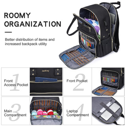 kadilong Knitting Bag Crochet Backpack for Crocheters,Yarn Organizer Storage for Knitters Travel,Large Capacity Crochet Bag Yarn Storage Tote Bag with USB Port Knitting Gifts for Women
