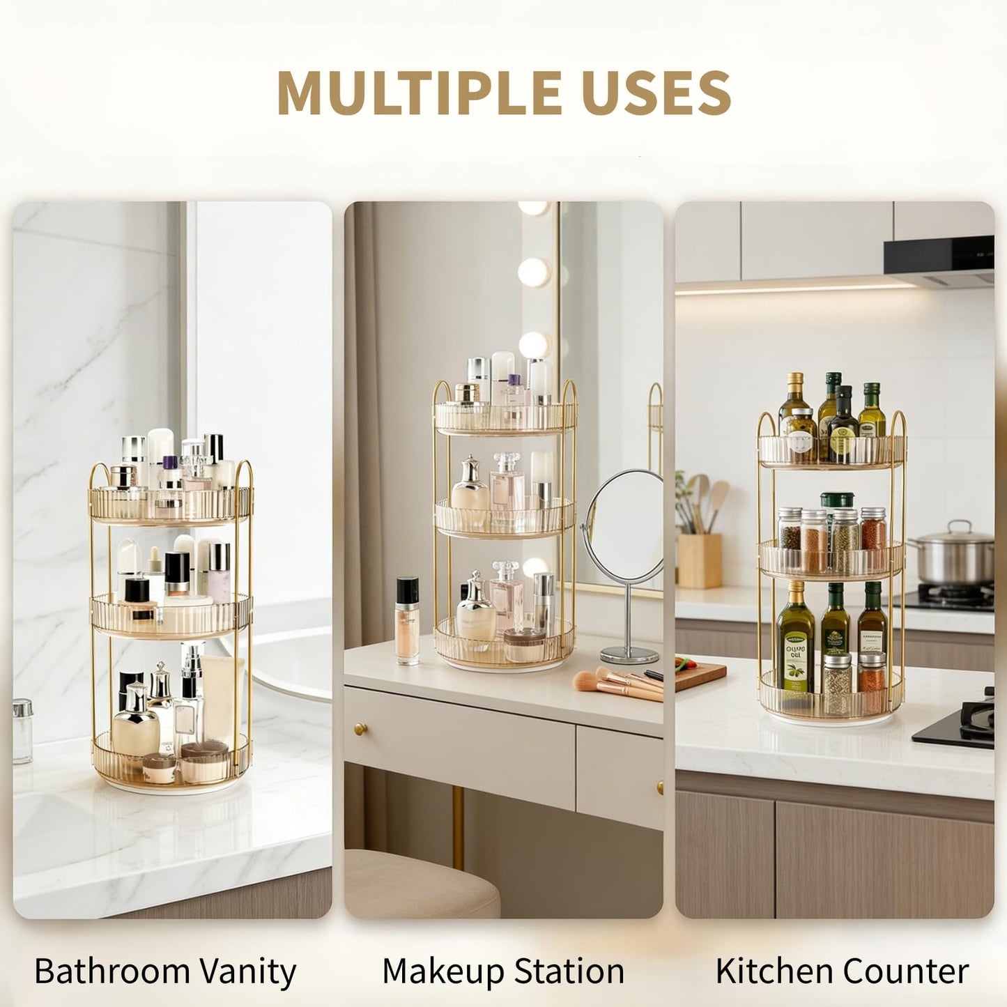 Cididu 360 Rotating Makeup Organizer, 3 Tiers Plastic Bathroom Spinning Holder Rack, Round Lazy Susan Organizer, Large Capacity Countertop Shelf for Cosmetics, Perfume, Skincare, Spice, Toiletries