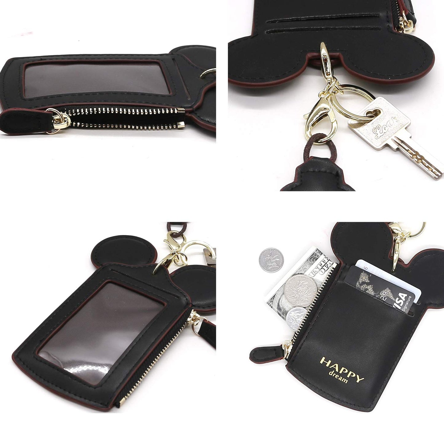Ondeam ID Holder With Lanyard Badge Holder,PU Leather newchic Cute Animal Shape neck wallet for Women(Black)