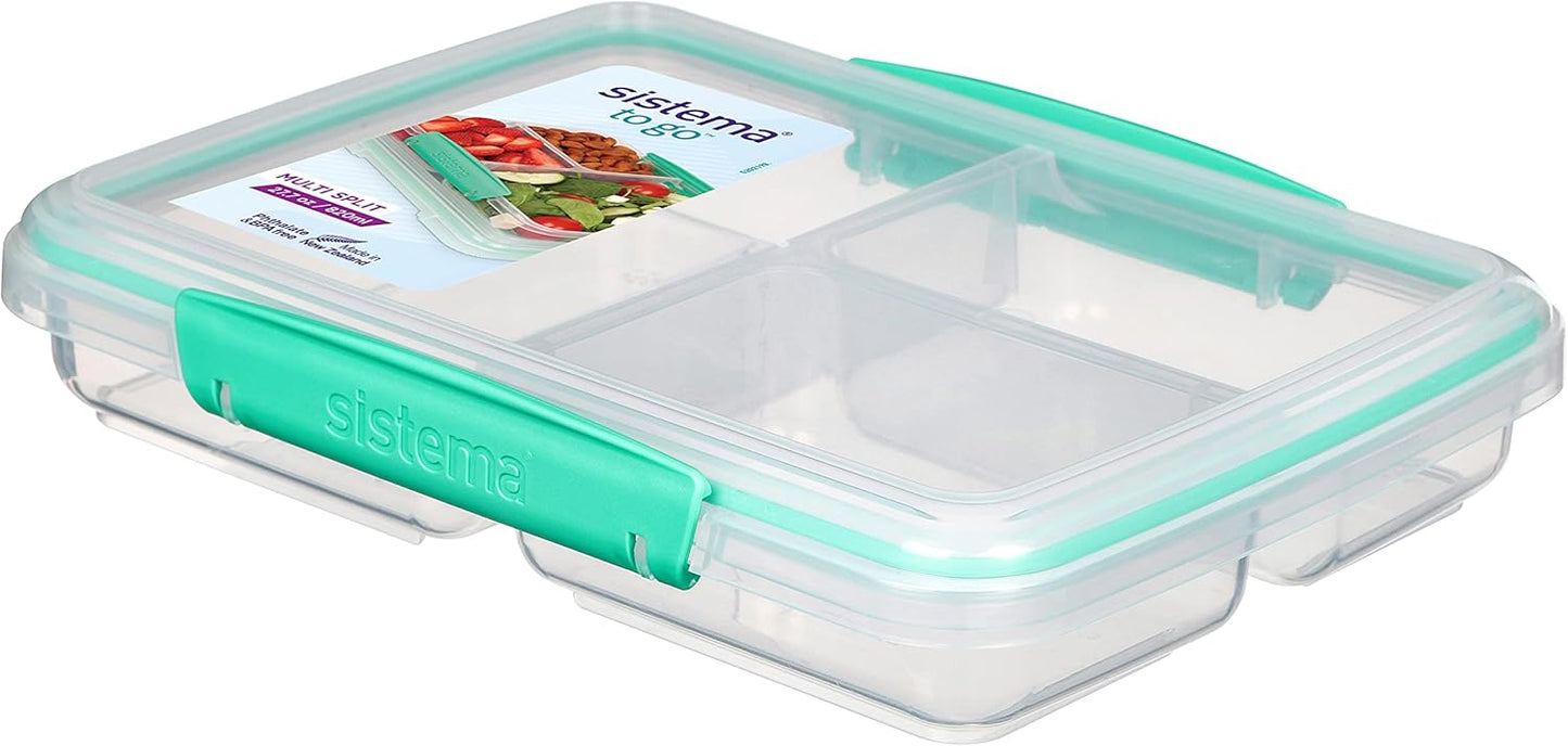 Sistema To Go Multi Split Meal & Food Container with Dividers & Clips, 820ml, BPA-Free, 1 Container, Color May Vary