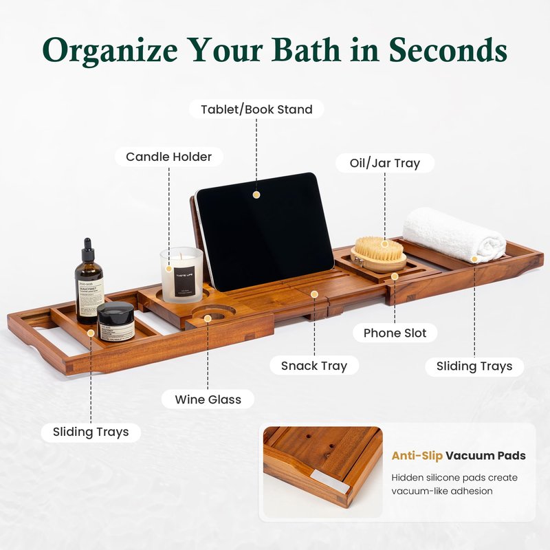 Realgulf Teak Bathtub Tray, Bath Caddy with Wine Glass Holder, Phone Dock & Book Stand | Hands-Free Reading & Ultimate Spa Relaxation Experience-Natural