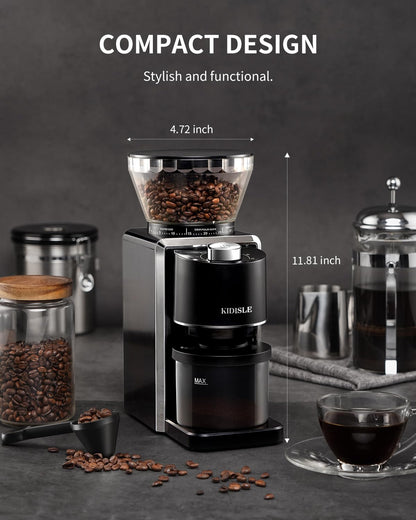 KIDISLE Conical Burr Coffee Grinder, Electric Coffee Bean Grinder for Precise Grinding, 35 Settings, 2–12 Cup Selector, Anti-Static Design for Home Use, Black