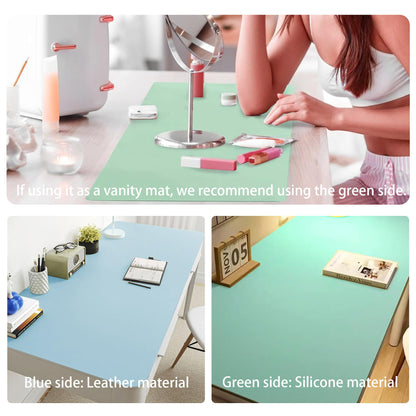 Reversible Silicone Table Mat - 2-in-1 Desk Pad & Silicone Craft Mat Eye-Care Green Painting Mat & Blue Leather Desk Mat，Waterproof Washable Art Mat for Drawing, Clay, Crafts（80 * 40CM）