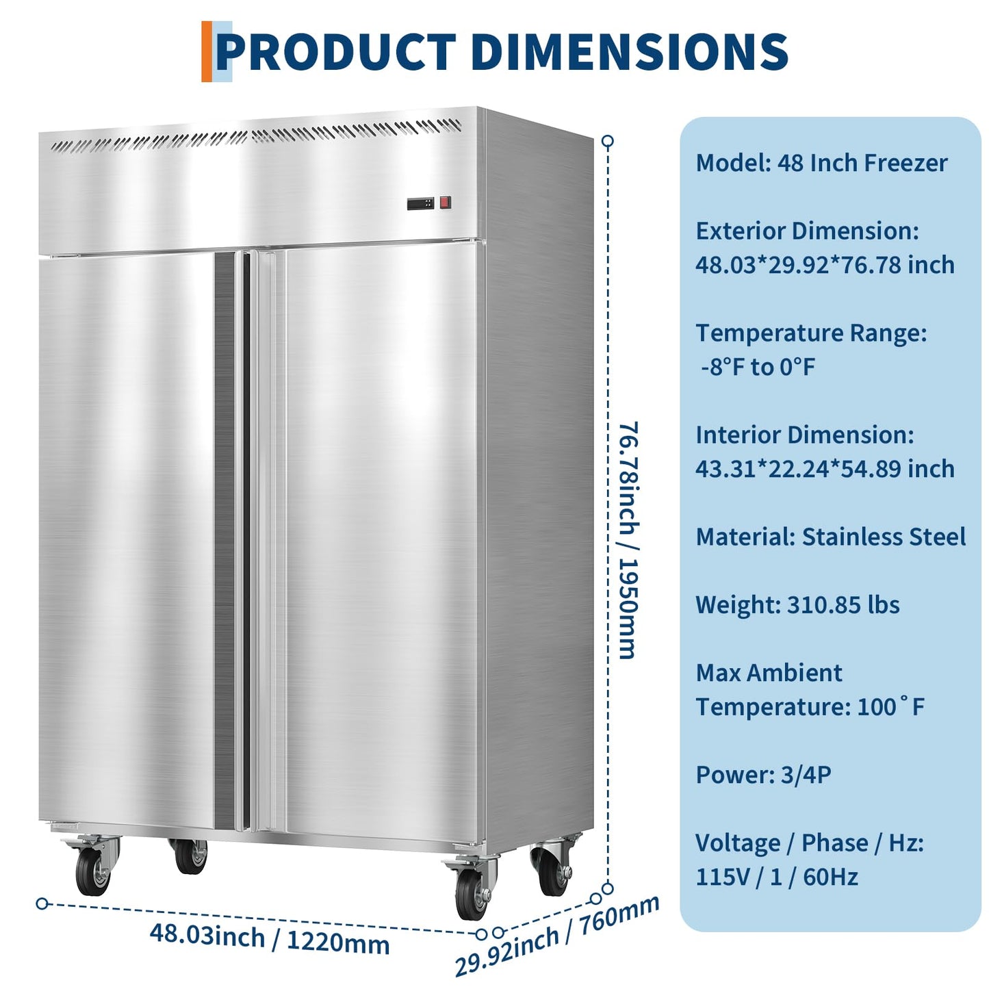 48 Inch Wide Commercial Freezer Upright, 36 Cu.Ft Frost Free Upright Freezers Stand Up, 2 Door 2 Section Walk-In Freezer with 6 Adjustable Shelves, for Supermarket, Restaurant, Kitchen, Shop, Garage