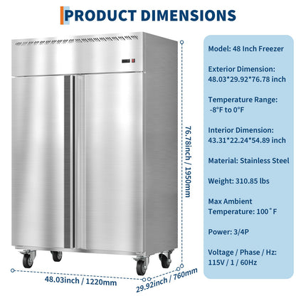 48 Inch Wide Commercial Freezer Upright, 36 Cu.Ft Frost Free Upright Freezers Stand Up, 2 Door 2 Section Walk-In Freezer with 6 Adjustable Shelves, for Supermarket, Restaurant, Kitchen, Shop, Garage