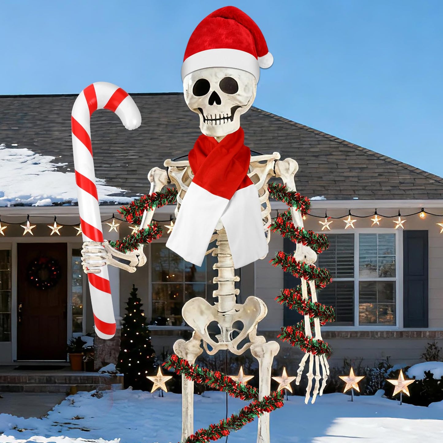 DECYOOL 12 ft Skeleton Santa Outfit, Christmas Skeleton Costume Accessories Set Santa Hat Scarf Beard Tinsel Garlands and Inflatable Candy Cane for Outdoor Indoor Garden Props Festival Decor