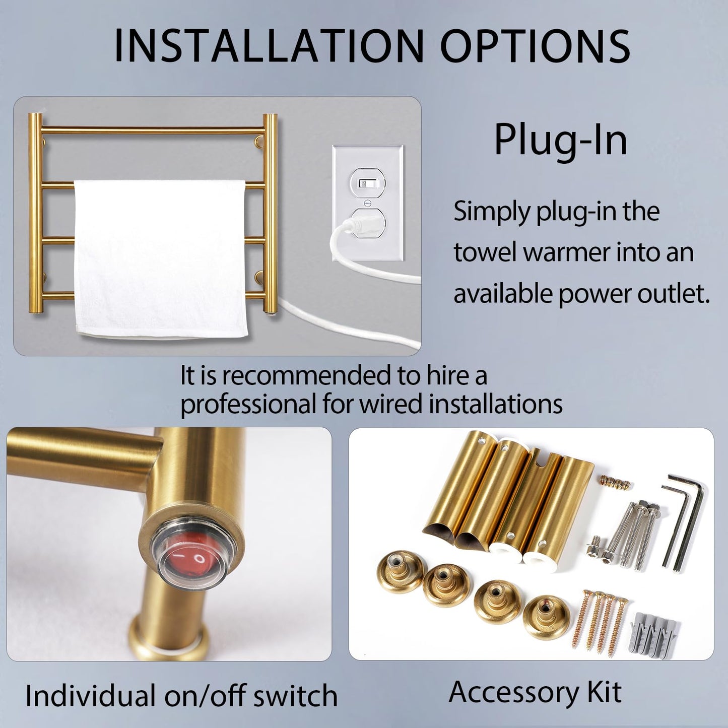Towel Warmer Rack for Bathroom with Timer/Fahrenheit Temperature Control Wall Mounted Electric Heated 10 Bar Rail Plug-in or Hardwired Keep Bath Shower Towel Warming (Brushed Gold)