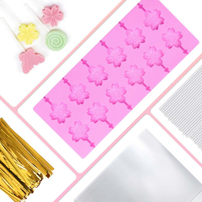 5Pcs Silicone Lollipop Molds Kit, YUX-DTDSU 8 & 12 Holes Hard Candy Molds, Non-Stick Sucker Mold for Making Chocolate, Candy, Cookie, Flower Mold with 100Pcs Lollypop Sticks, Gold Ties, Treat Bags