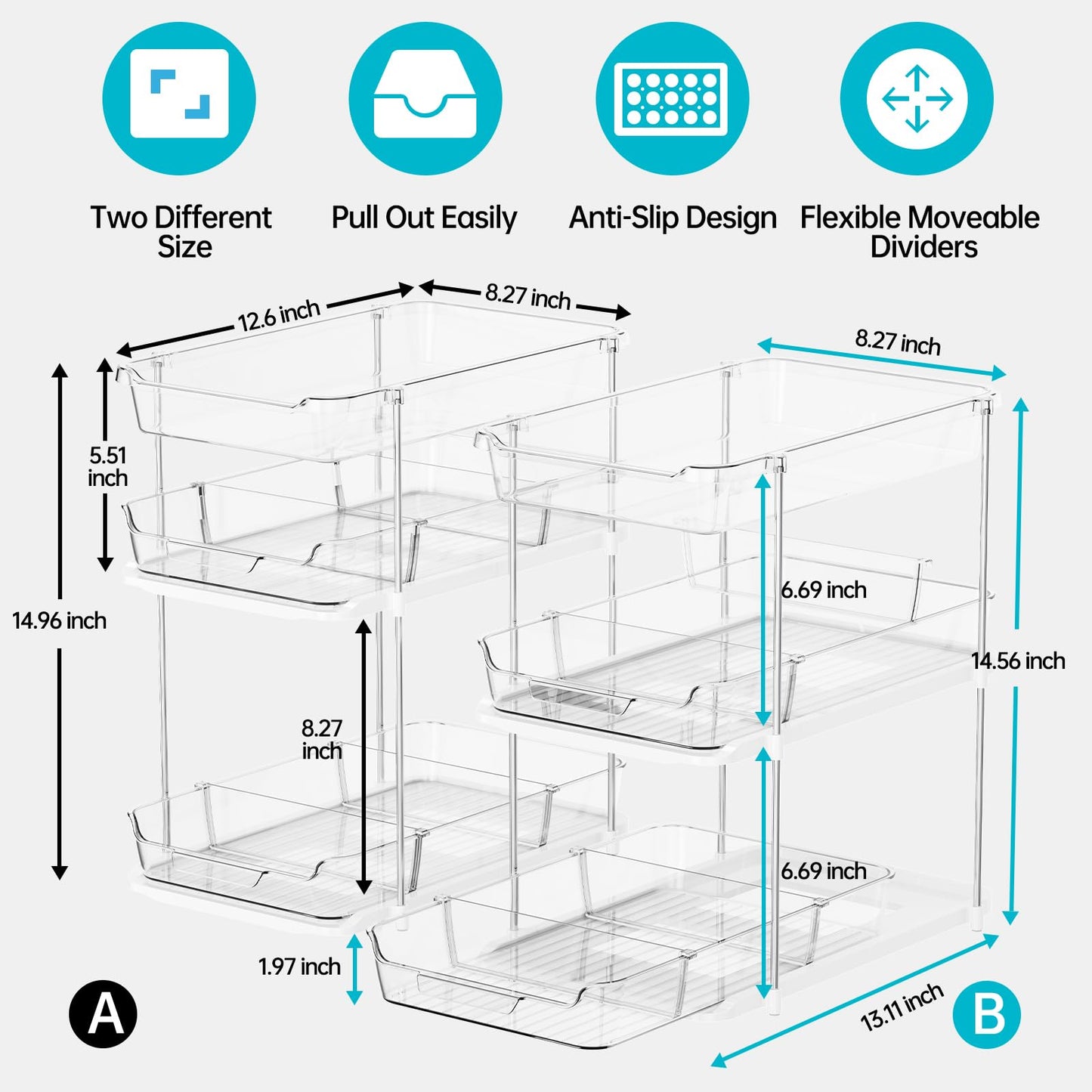 Delamu 2 Sets of 3-Tier Bathroom Under Sink Organizers and Storage, Multi-Purpose Stackable Pantry Organization and Storage, Pull Out Clear Kitchen Bathroom Cabinet Organizer with Movable Dividers
