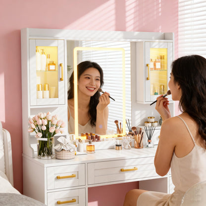 KAMABOKO Vanity Desk with Mirror and LED Lights & Power Outlet, Large Makeup Vanity Table with 5 Drawers and 4 Storage Cabinets, White Dressing Table for Bedroom