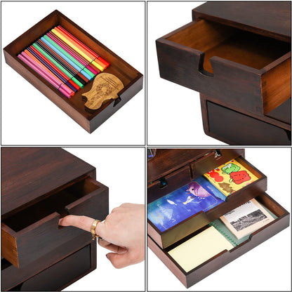 DEAYOU Bamboo Desk Organizer, 100% Natural Bamboo Desktop Drawer Organizer, Dark Brown Tabletop Storage Cabinet Organization Box with 4 Drawer for Makeup, Letter, Home, 3 Layer, Fully Assemble