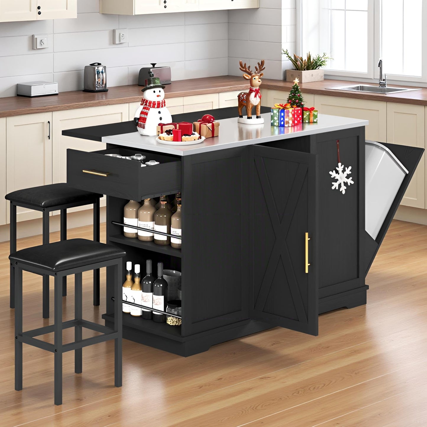 DWVO Kitchen Island with Seating and Stainless Steel Countertop, 47'' Rolling Garbage and Recycling Island with Folding Drop Leaf, Tilt-Out Trash Cabinet for 13-Gallon Bin, 2-Tire Spice Rack, Black