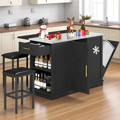 DWVO Kitchen Island with Seating and Stainless Steel Countertop, 47'' Rolling Garbage and Recycling Island with Folding Drop Leaf, Tilt-Out Trash Cabinet for 13-Gallon Bin, 2-Tire Spice Rack, Black