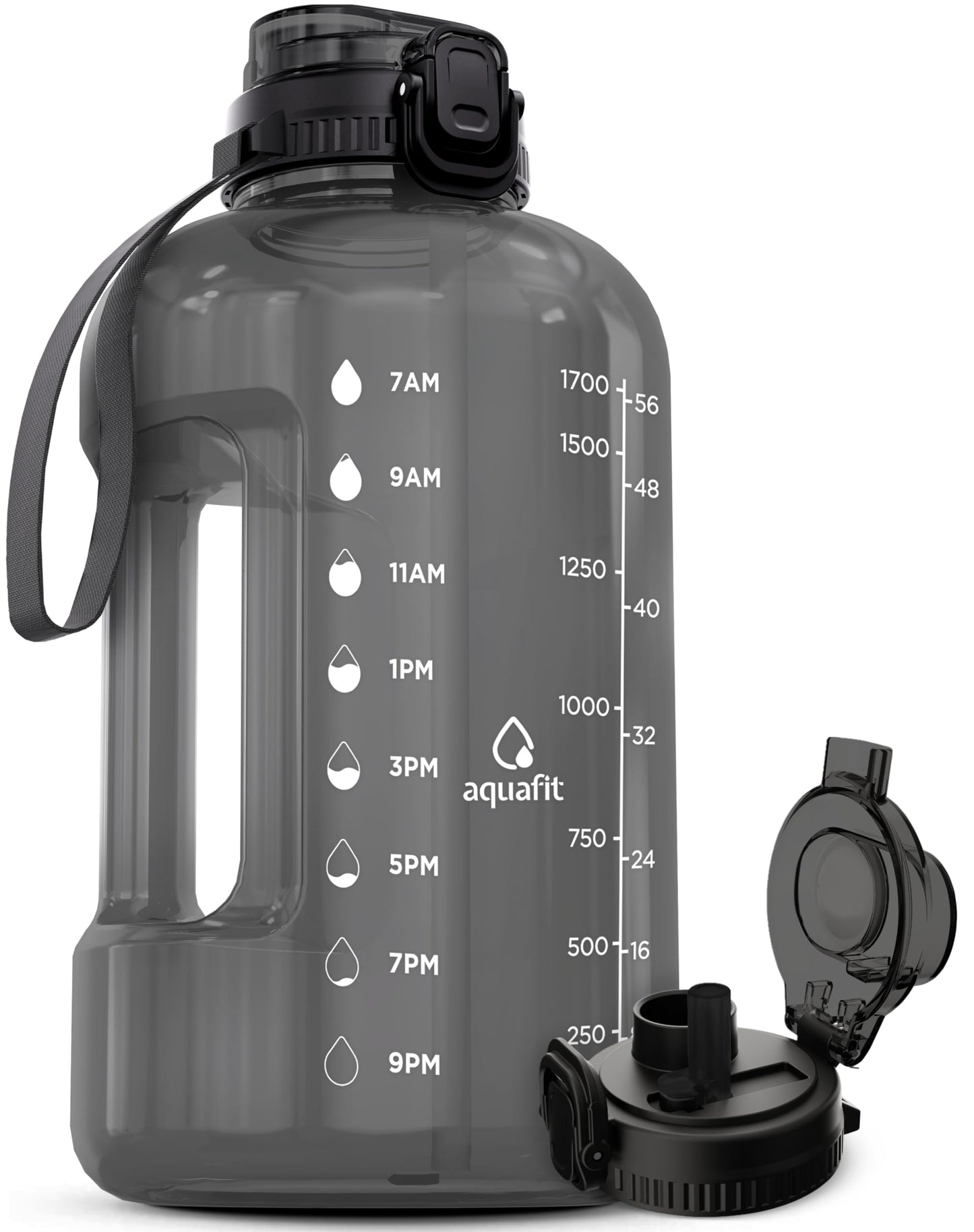 AQUAFIT Half Gallon Water Bottle with Time Marker - Straw & Chug Lid - BPA Free Gym Water Bottle with Straw - Big Gallon Jug (Gray, 64 oz - 2in1 Lid)