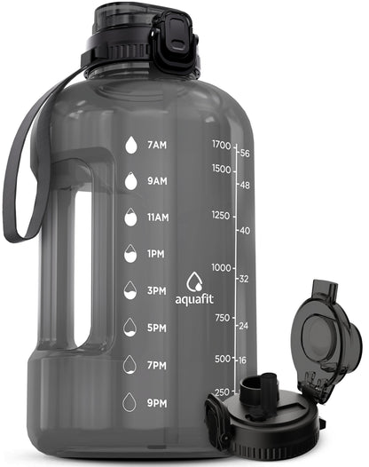 AQUAFIT Half Gallon Water Bottle with Time Marker - Straw & Chug Lid - BPA Free Gym Water Bottle with Straw - Big Gallon Jug (Gray, 64 oz - 2in1 Lid)