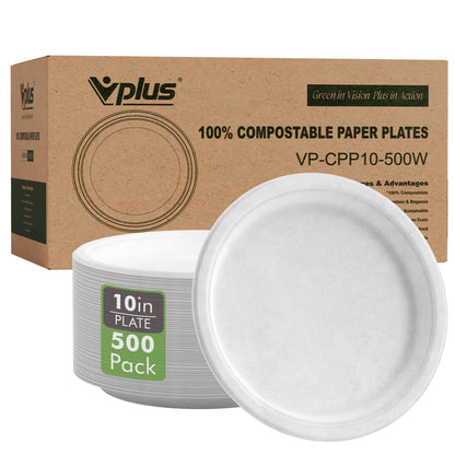 Vplus 500 Pack Compostable Disposable Paper Plates 10.25 inch Super Strong Paper Plates 100% Bagasse Natural Biodegradable Eco-Friendly Sugarcane (white)