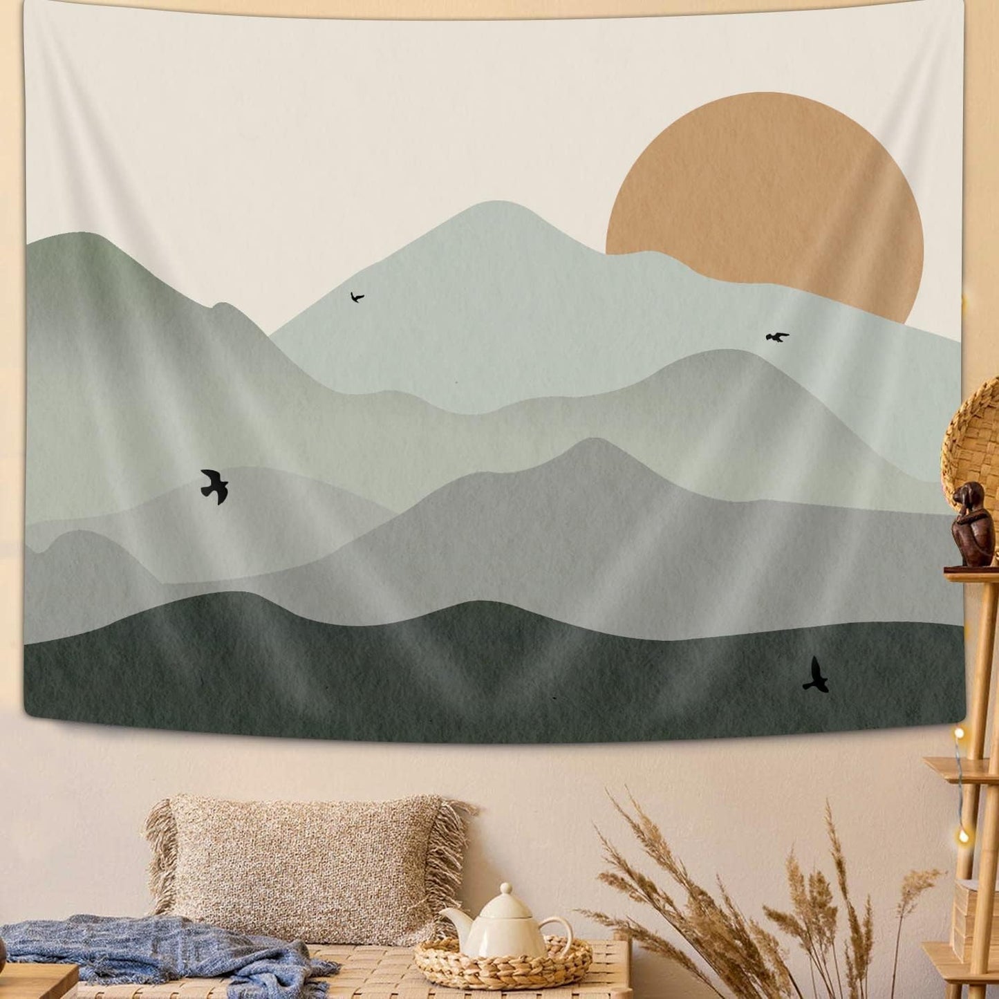 Ptrxobj Small Sage Green Mountain Tapestry Boho Abstract Sun Landscape Wall Hanging Art 60 x 40 inch