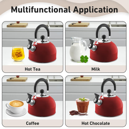 Lily's Home 2 Quart Stainless Steel Whistling Tea Kettle, the Perfect Stovetop Tea and Water Boilers for Your Home, Dorm, Condo or Apartment. Red