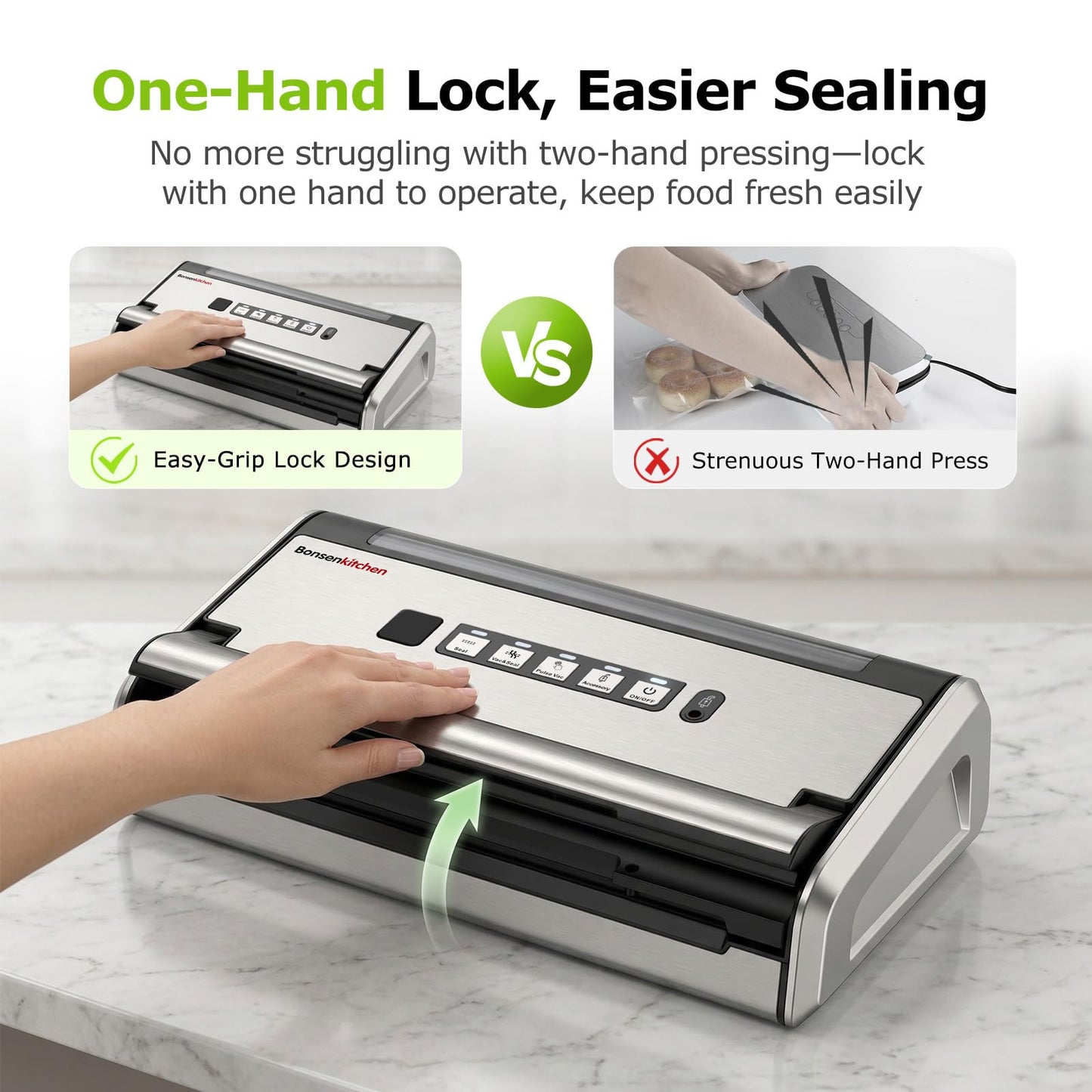 Bonsenkitchen Vacuum Sealer for Food, One-Hand Operation Food Vacuum Sealer Machine with Digital Timer, 0.2-inch wider seal, Built-in Cutter and Bag Storage for Meal Prep, 1 Roll Bag & 10 Pre-Cut Bags