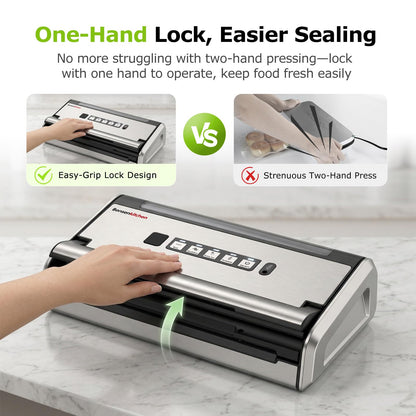Bonsenkitchen Vacuum Sealer for Food, One-Hand Operation Food Vacuum Sealer Machine with Digital Timer, 0.2-inch wider seal, Built-in Cutter and Bag Storage for Meal Prep, 1 Roll Bag & 10 Pre-Cut Bags