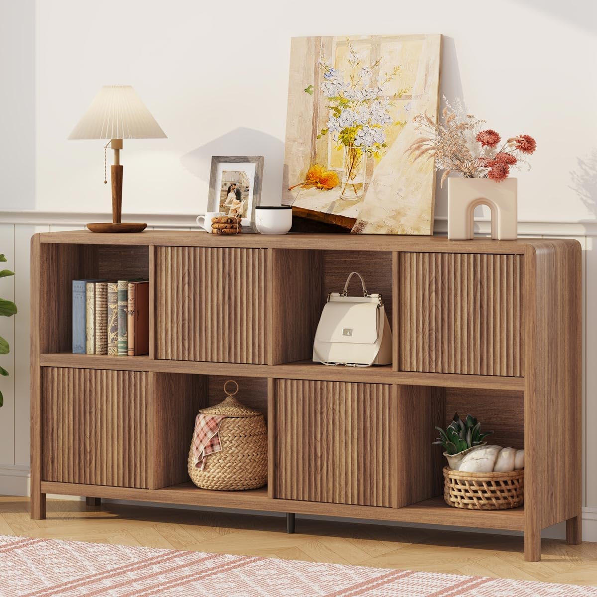 FATORRI 8 Cube Bookcase with 4 Doors, Wood Bookshelf with Storage Cabinet, Low Horizontal Storage Book Shelf for Living Room, Home Office, Dining (57 Inch Walnut)
