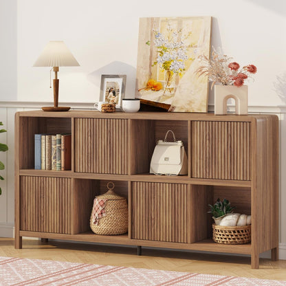 FATORRI 8 Cube Bookcase with 4 Doors, Wood Bookshelf with Storage Cabinet, Low Horizontal Storage Book Shelf for Living Room, Home Office, Dining (57 Inch Walnut)