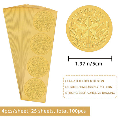 CRASPIRE 2 Inch Gold Embossed Envelope Seals Stickers Celebrating Excellence 100pcs Round Adhesive Gold Foil Seals Stickers Medal Decoration Label for Wedding Invitations Certification Corporate