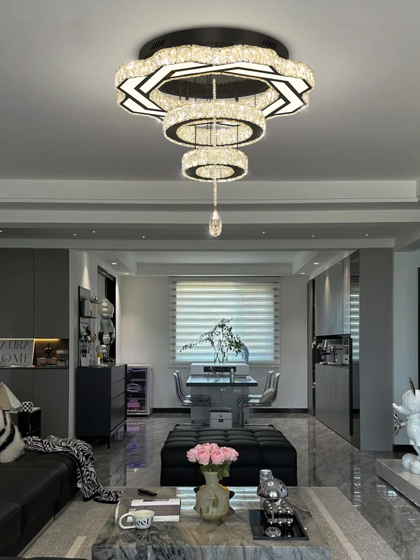 Flashing God Modern Crystal Chandeliers Dia 24" Black Chandelier Flush Mount Ceiling Light for Bedroom Living Room Dining Room Hallway Dimmable 3 Rings LED Celing Lighting Fixtures